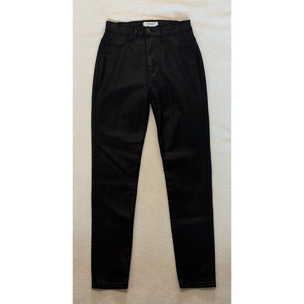 Vibrant Miu Black Coated Skinny Jeans Faux Leather Look Size 7 W27